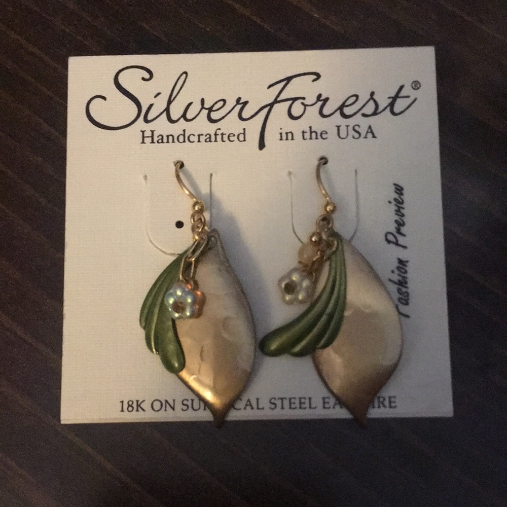 Floral gold and green hanging earrings